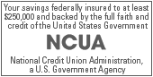 NCUA Image reading: Your savings federally insured to at least $250,000 and backed by the full faith and credit of the United States Government. NCUA. National Credit Union Administration, a U.S. Government Agency.