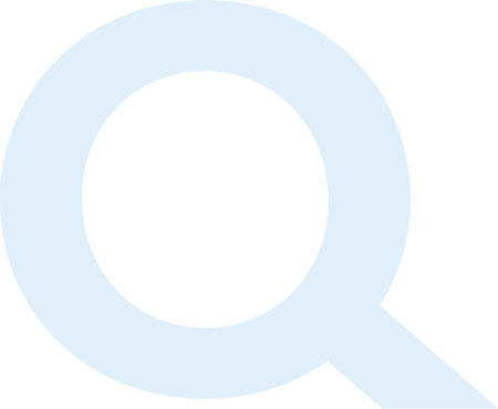 A large light blue icon of the letter 'Q'