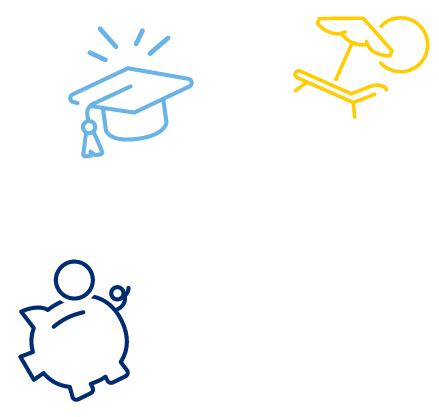 A series of decorative, colorful icons, featuring a graduation cap, a beach chair, and a piggy bank.