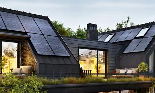 Modern house with roof terrace and solar panels