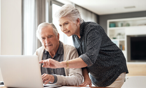 Elderly couple on computer reviewing AD&D insurance options.