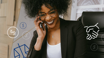Woman receiving financial counseling over the phone, smiling.