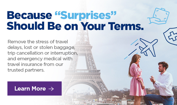 Because "Surprises" Should Be on Your Terms.  Remove the stress of travel delays, lost or stolen baggage, trip cancellation or interruption and emergency medical with travel insurance from our trusted partners. 