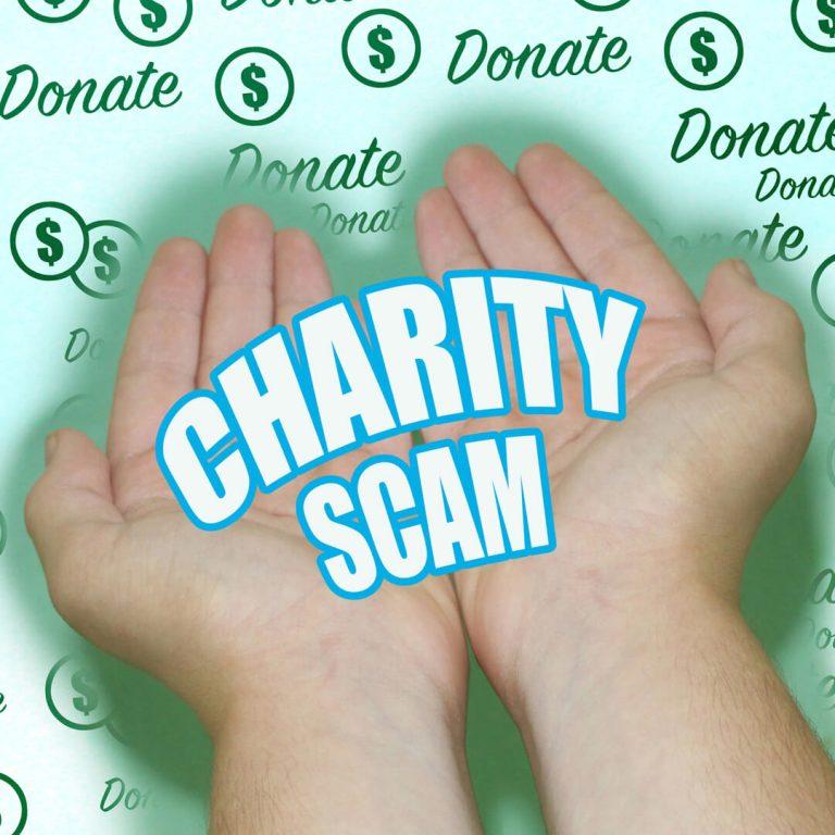 Outstretched hands with "Charity Scam" inside.