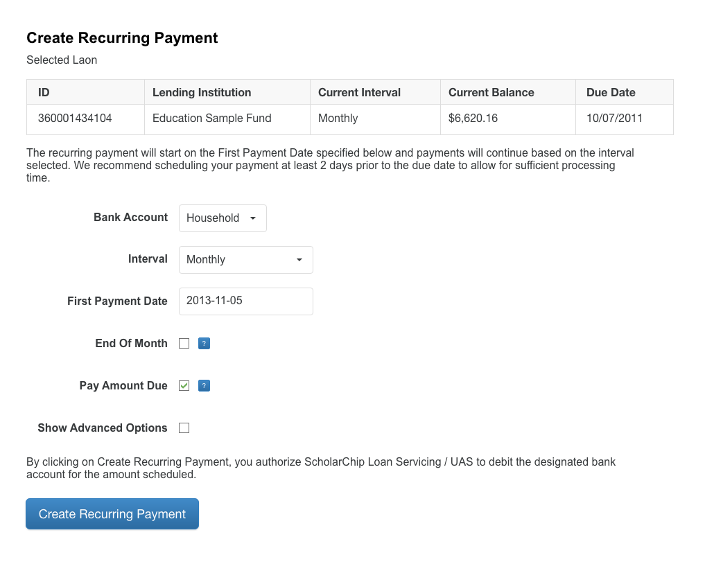 Create Recurring Payment Screen