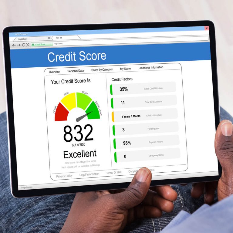 Screen reflecting an excellent credit score of 832