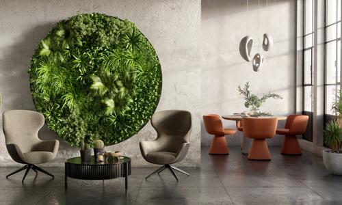 Modern living room with living wall statement piece.