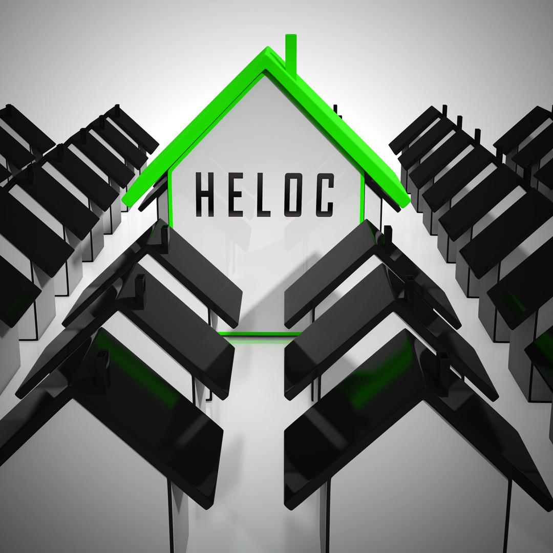 Illustration of home rooftops, with a home titled HELOC with a green root displayed.