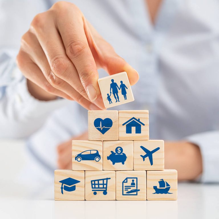 Various icon building blocks representing the different types of insurance