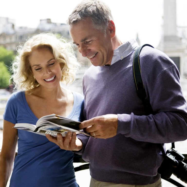Couple consults a London Travel Guide while traveling abroad.