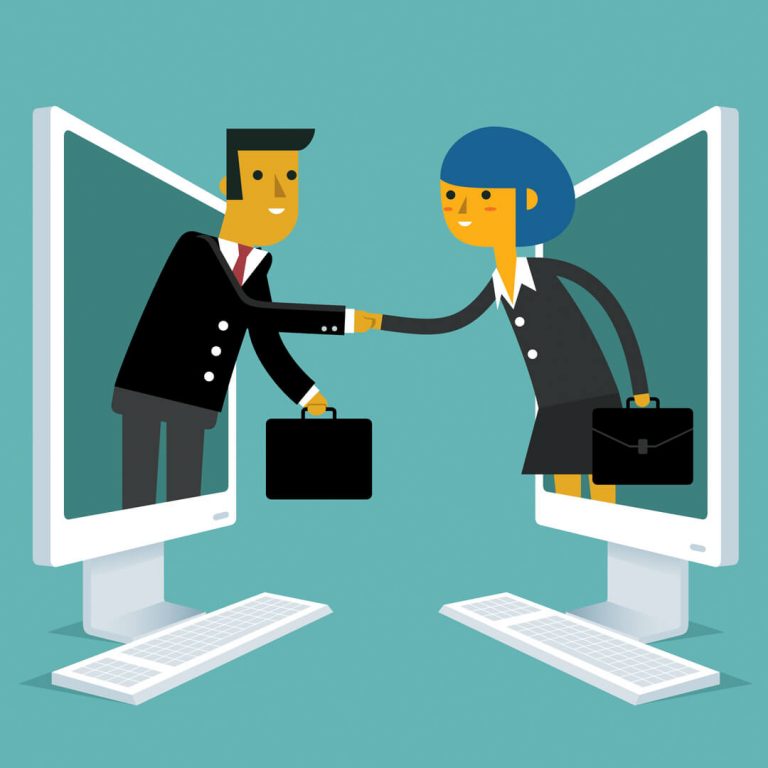 Illustration of interviewee stepping through a computer screen to shake the hand of an employer, also stepping through a computer screen.