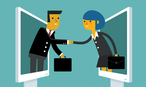 Illustration of interviewee stepping through a computer screen to shake the hand of an employer, also stepping through a computer screen.