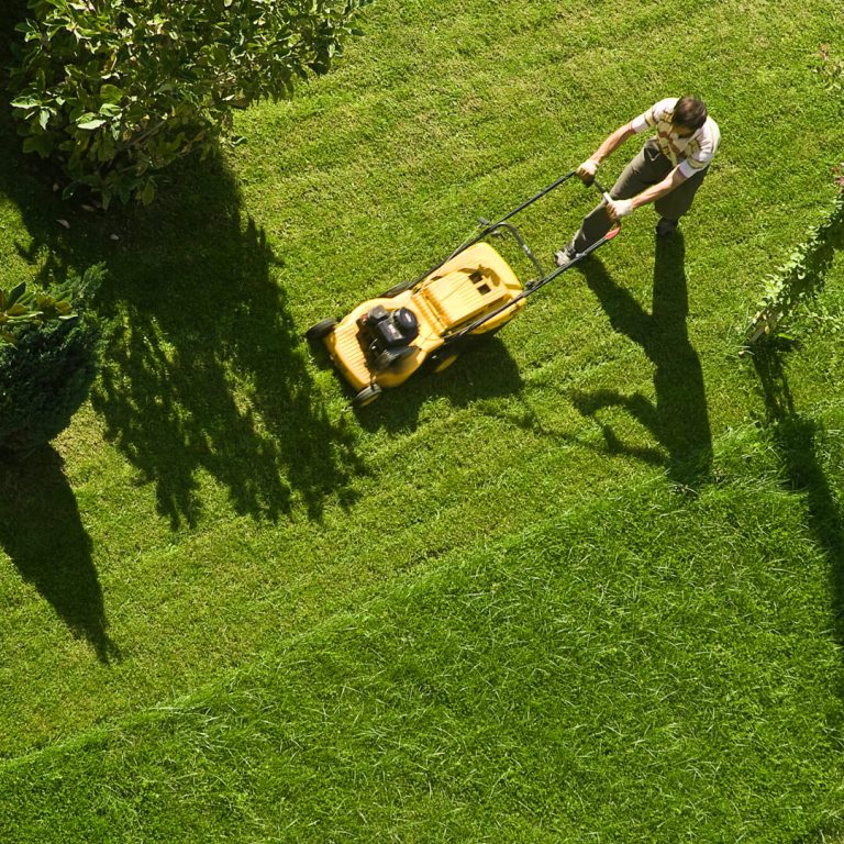 Aerial view of man mowing lawn.