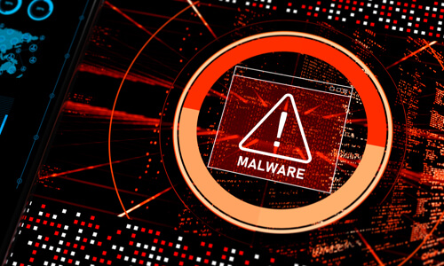 Malware Scams concept, Alert in red