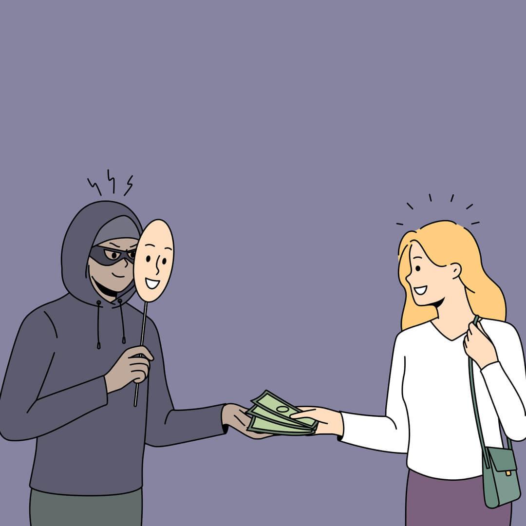 P2P Scam illustration depicting a disguised scammer wearing a mask taking money from an unsuspecting victim.