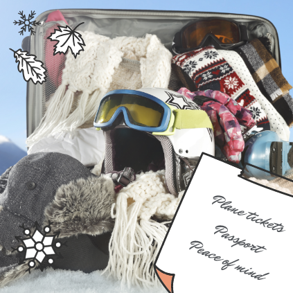 Items for a winter vacation: hat, scarf, sweater and ski goggles packed inside a suitcase.