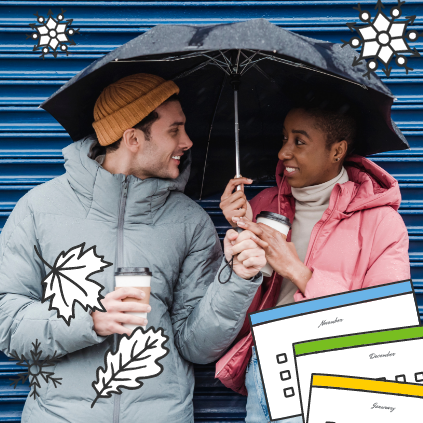 Couple dressed in warm jackets, holding coffees, smiling at each other, under umbrella.
