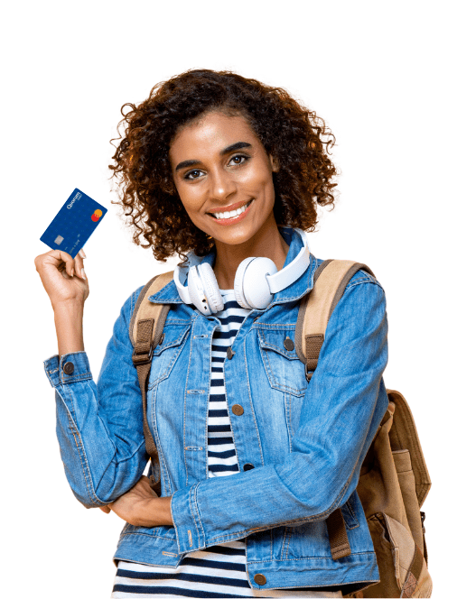 Young woman holds her debit card excited that she gets her paycheck 5 days earlier with Quorum's QPlus Checking