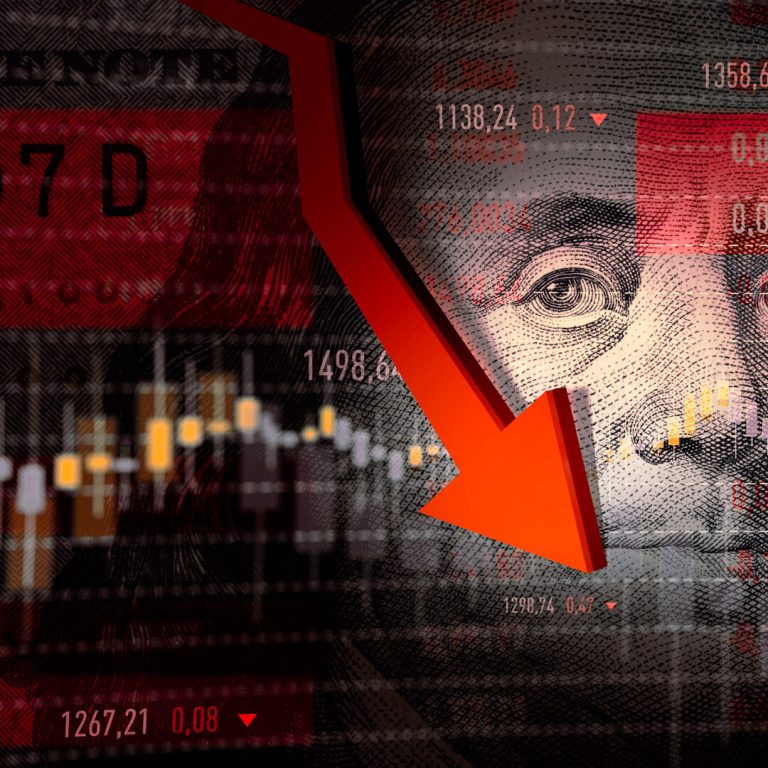 Dollar-bill Benjamin Franklin portrait superimposed with stock market graph and downward arrow, illustrating recession and a bear market.