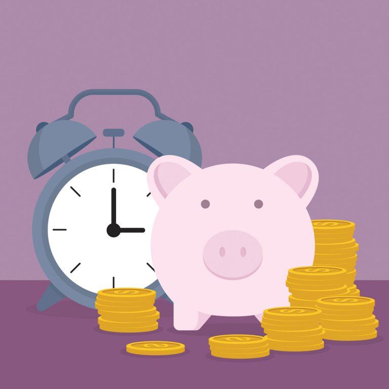 Retirement Planning Changes 2024 concept: Piggy with alarm clock and coins.