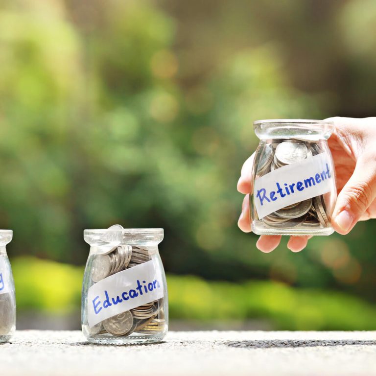 Three money-saving jars: Savings, Education and Retirement, with a hand reaching for the Retirement Jar.