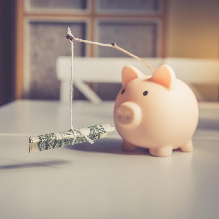 Piggy bank with dollar on a fishing pole in front of it, illustrating savings motivation.