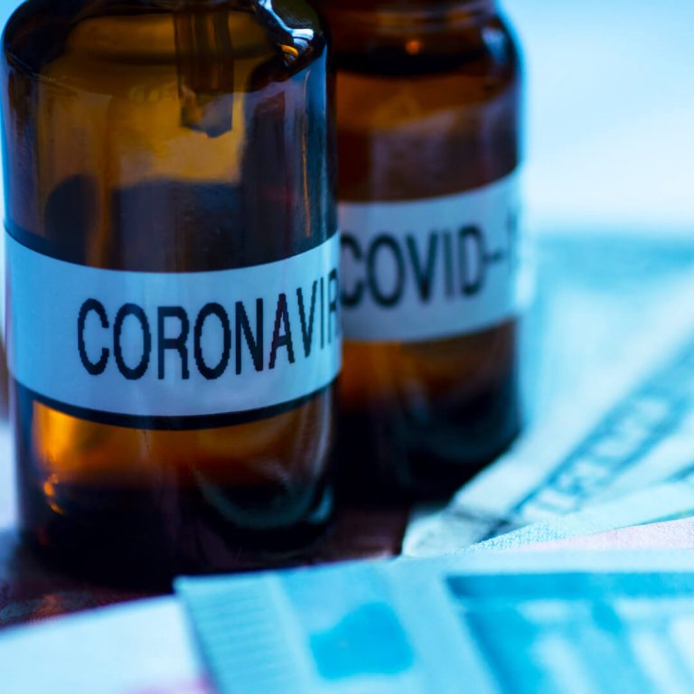 Medicine vials with "Coronavirus" printed on them.
