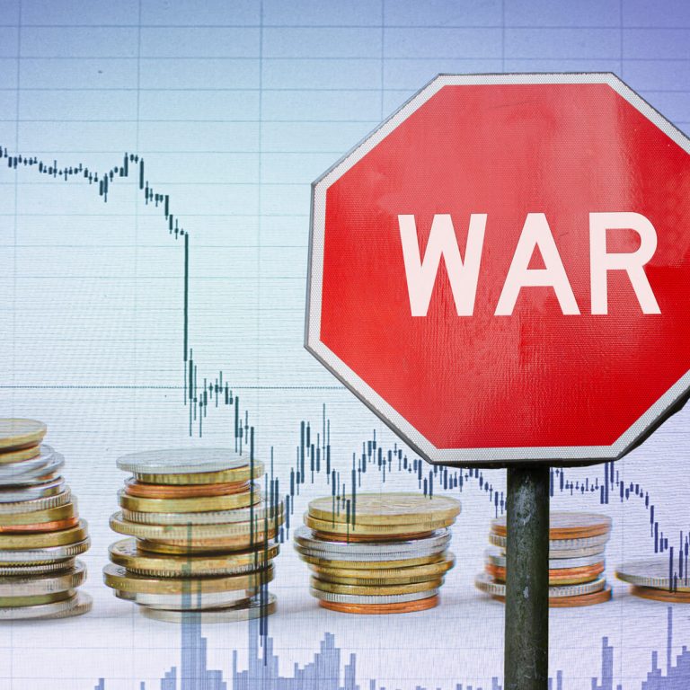 War stop sign with stock market and currency, conceptual graphic.