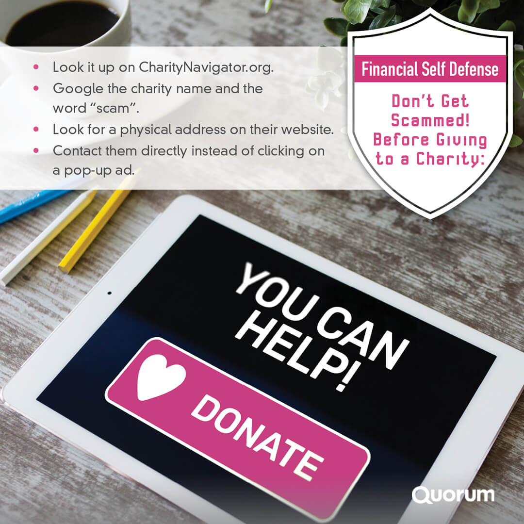 Tips on staying safe from charity scams; picture of tablet with 'You Can Help! Donate!" displayed.
