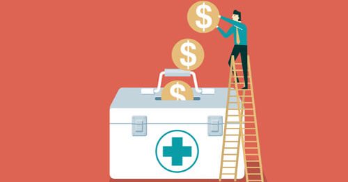 Illustration of man contributing money into a health insurance fund,