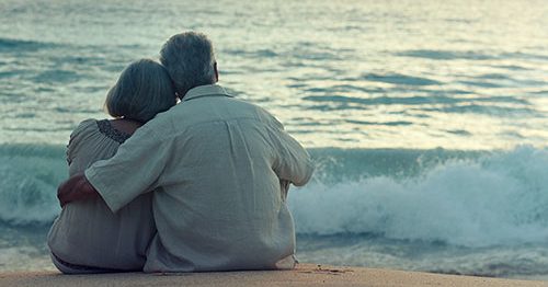 Elderly couple sitting on beach watching waves come to shore.
