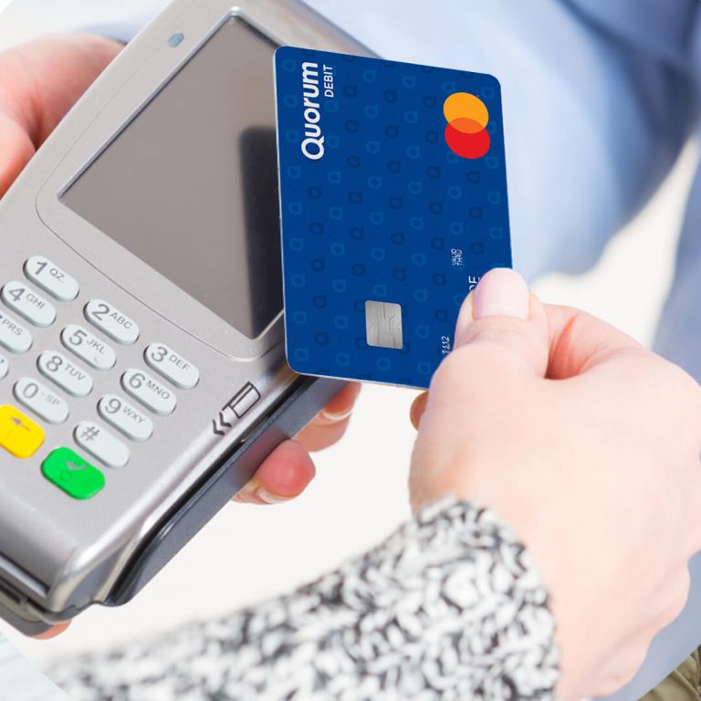 A Quorum Debit Mastercard being used for a purchase transaction.