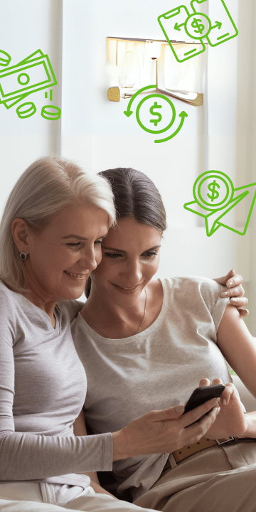 A mother and her daughter manage a joint QClassic checking account on a mobile phone.