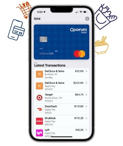 Quorum Debit Mastercard in digital wallet interface, with latest transactions underneath digital card.