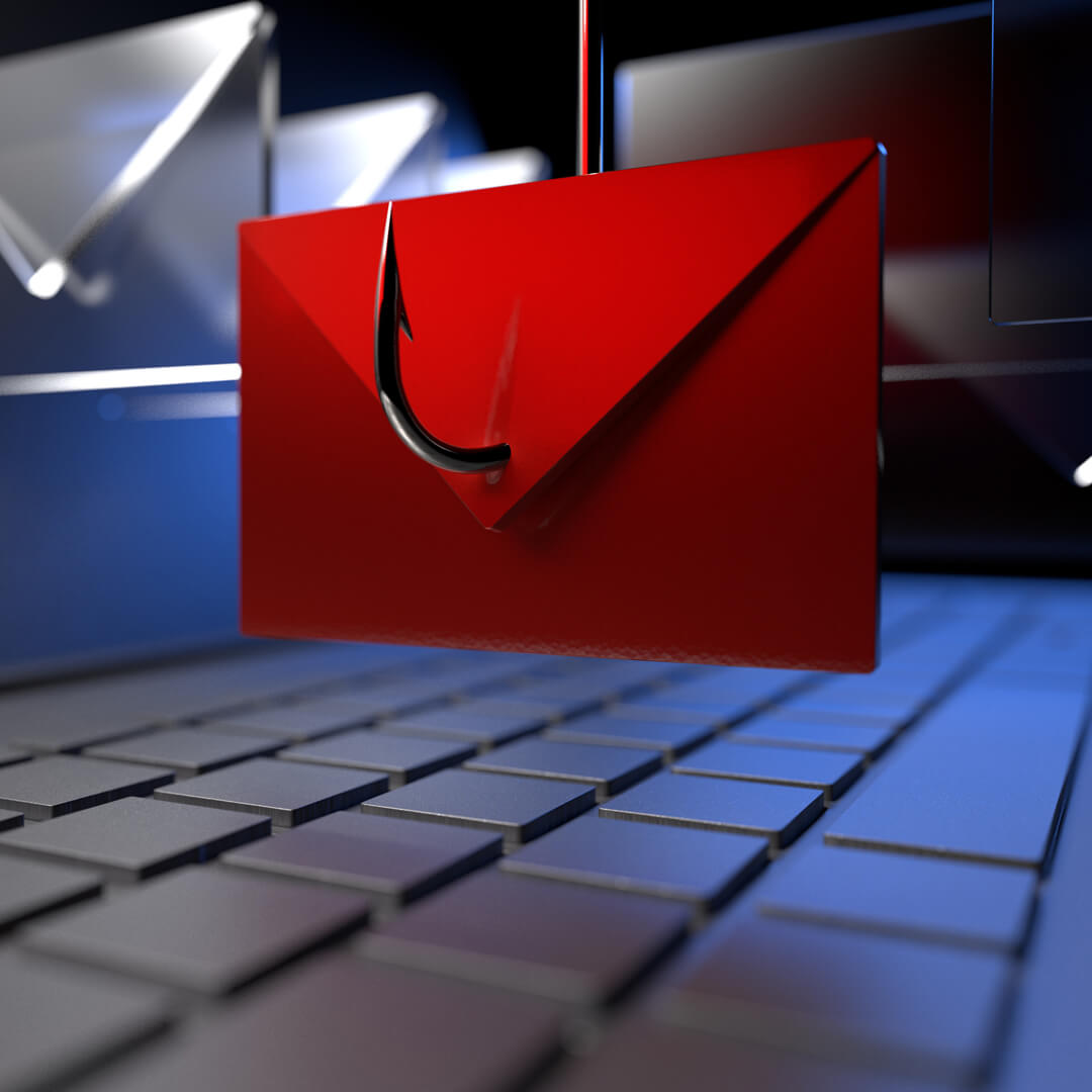 A red envelope handing from a fishing hook, illustrating the concept of phishing and cybersecurity.