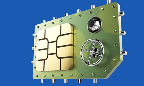 SIM Card illustrated as a vault safe, security concept, blue background.